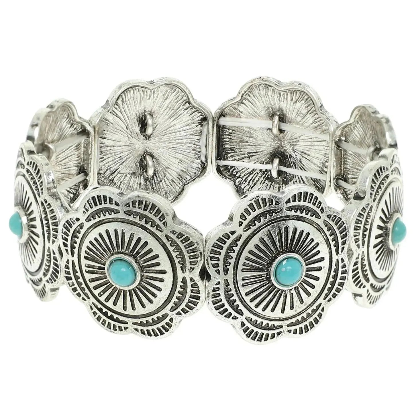 Handcrafted Boho Cowgirl Bracelet, Western Turquoise Floral Concho Stretch Bracelet, Gift Box - Silver Elegant