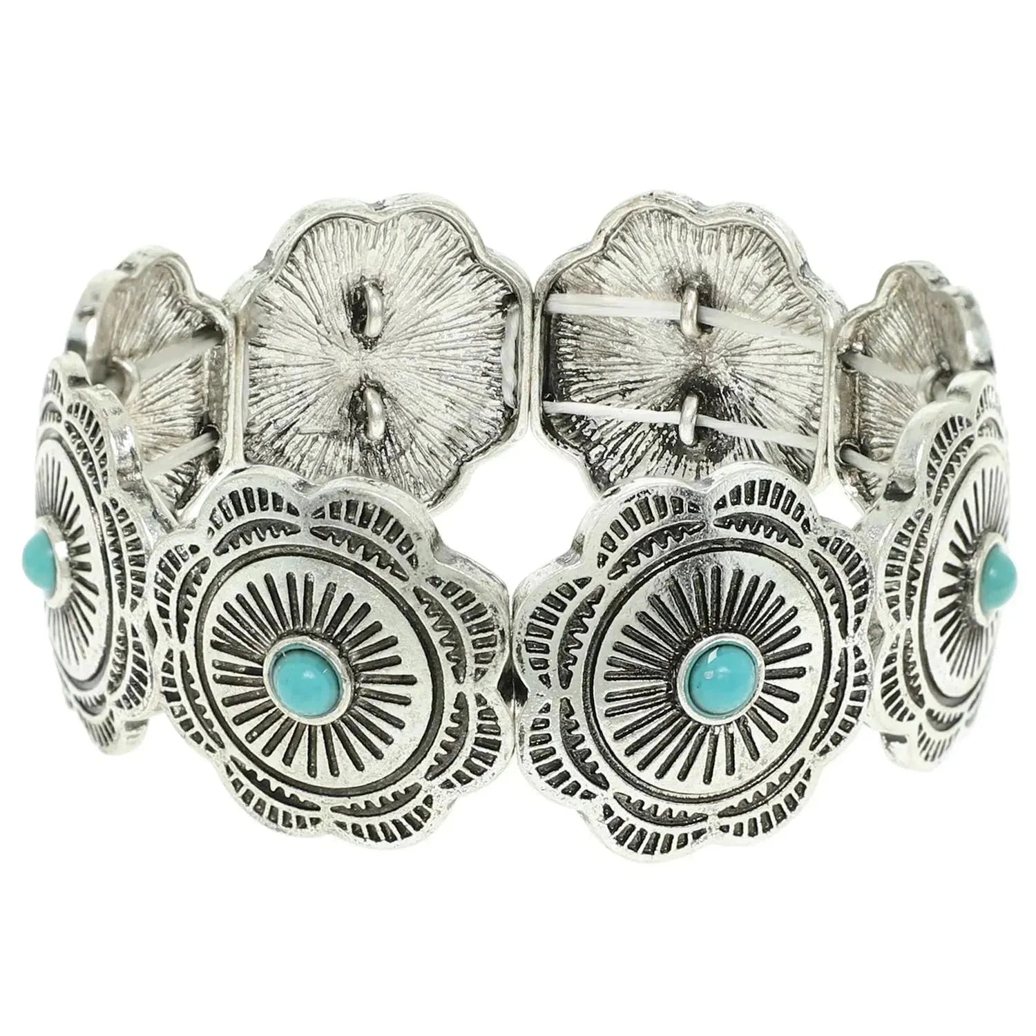 Handcrafted Boho Cowgirl Bracelet, Western Turquoise Floral Concho Stretch Bracelet, Gift Box - Silver Elegant