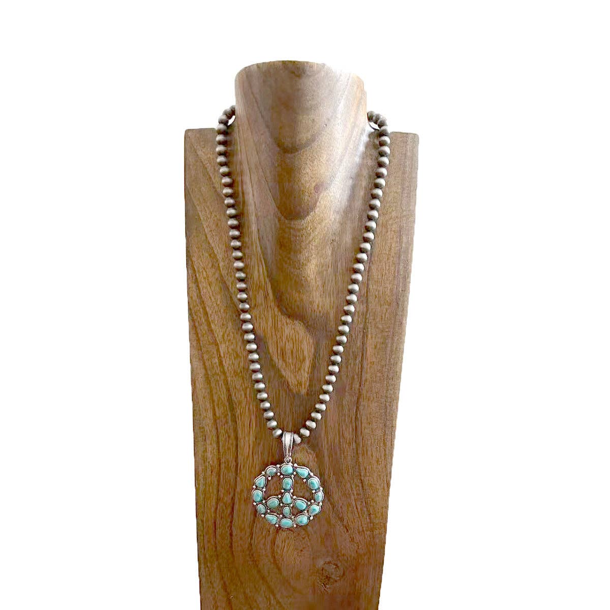 Navajo Pearl Bead Necklace With Natural Blue Turquoise Peace Sign Pendant