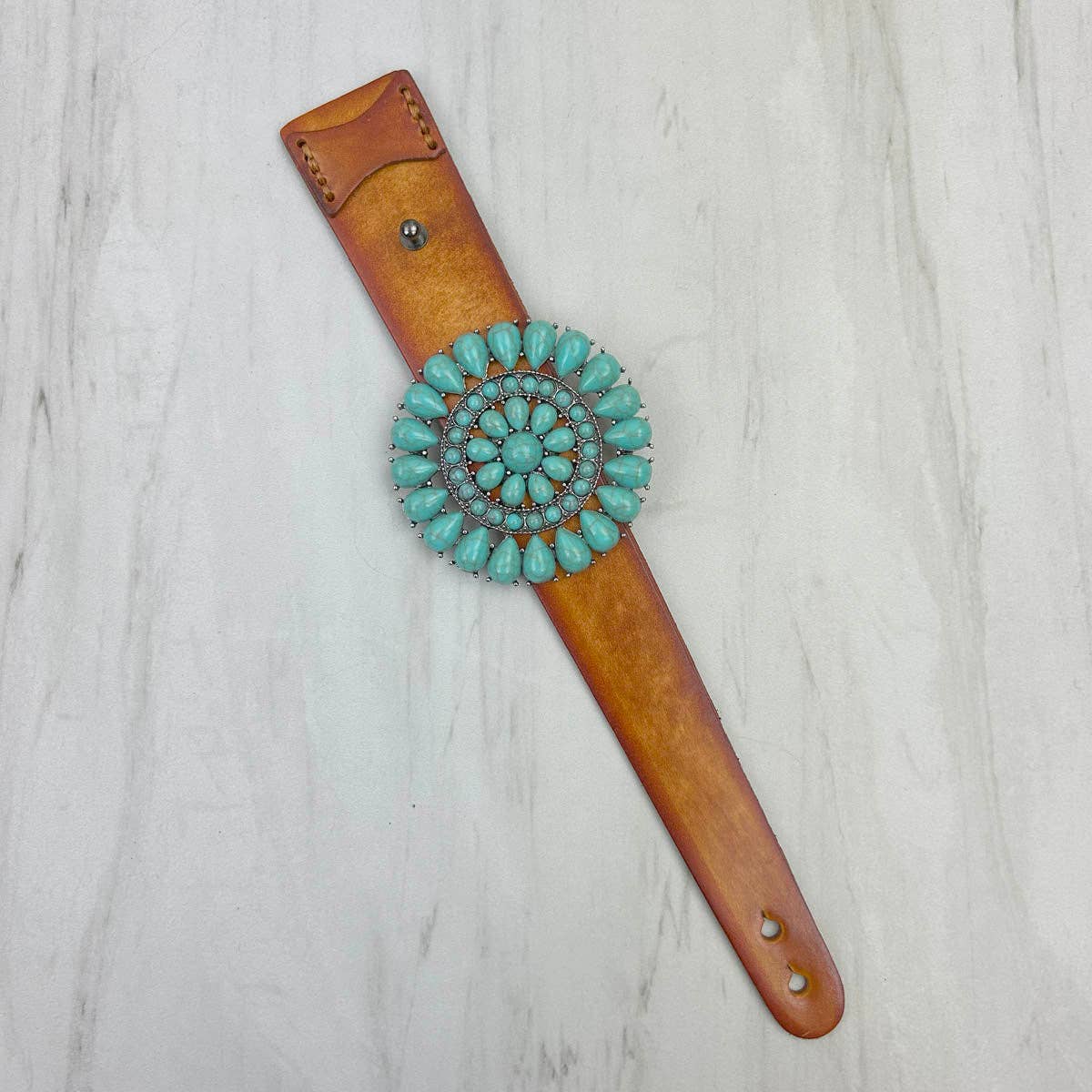 Brown Leather Concho Bracelet With Large Blue Turquoise Stone Western Style Accessory
