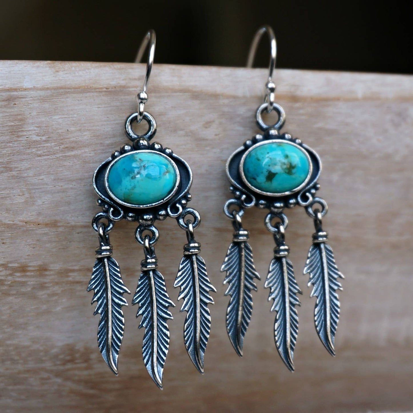 Navajo Sterling Silver & Turquoise Feather Dangle Earrings in Gift Box - Silver Elegant