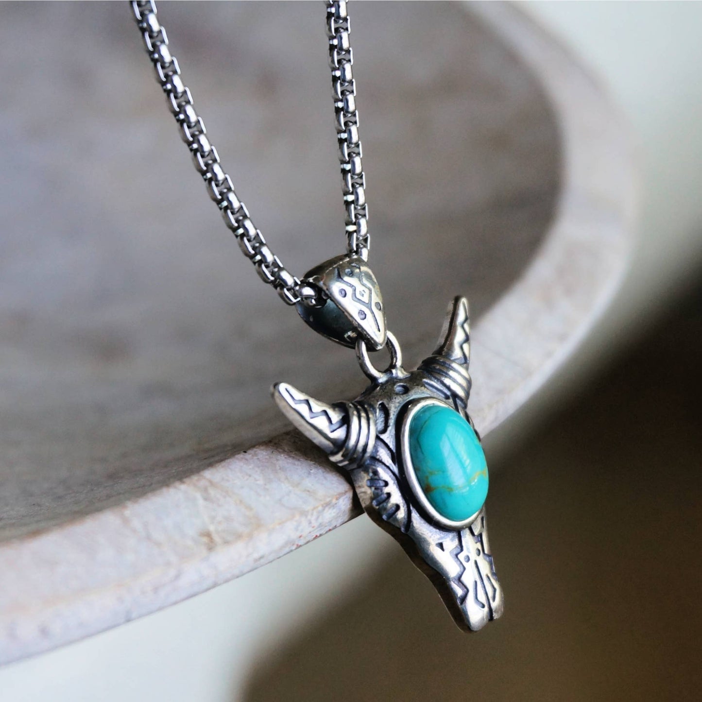 Boho Turquoise-Embellished Cow Skull Chain Necklace: 18" Sterling Silver Elegance, Gift Box