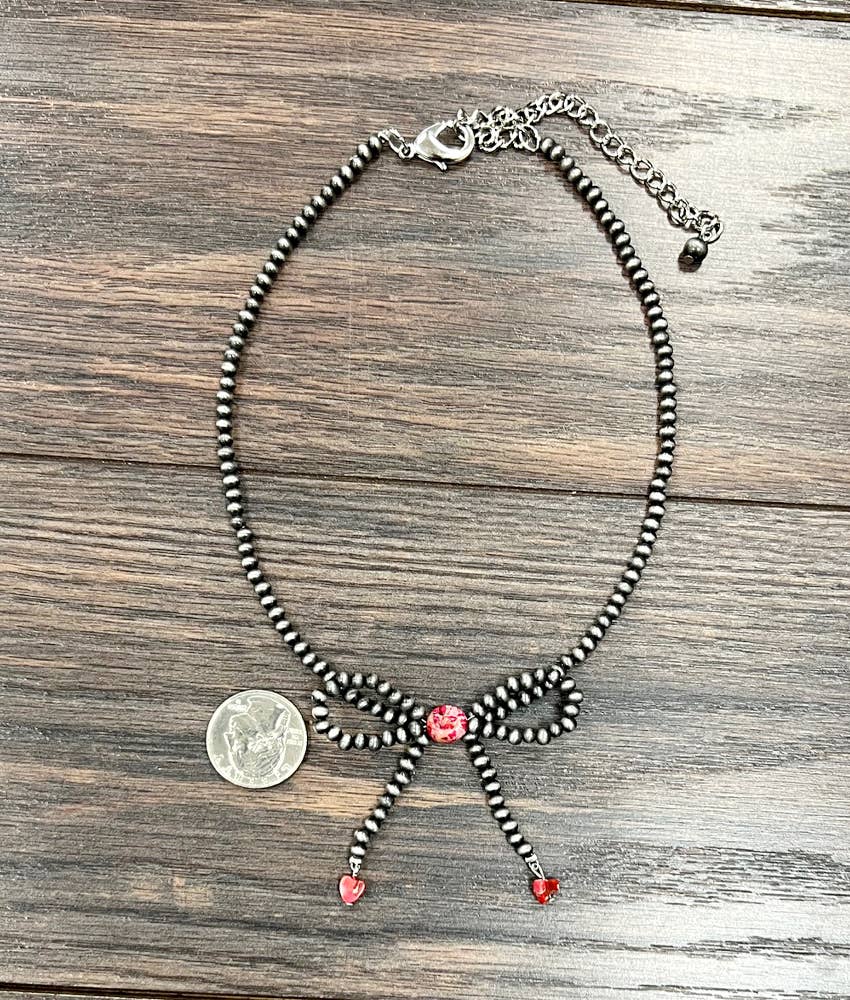 Handmade Ribbon Bow Necklace with Tiny Navajo Beads and Gemstones