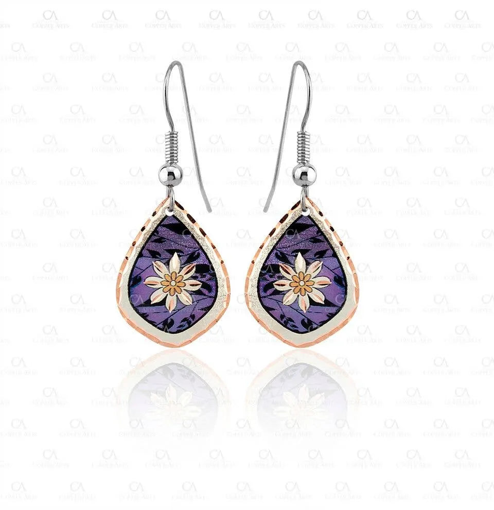Handcrafted Boho Purple Floral Earrings, Diamond Cut Wire Drop Earrings, Gift Box - Silver Elegant