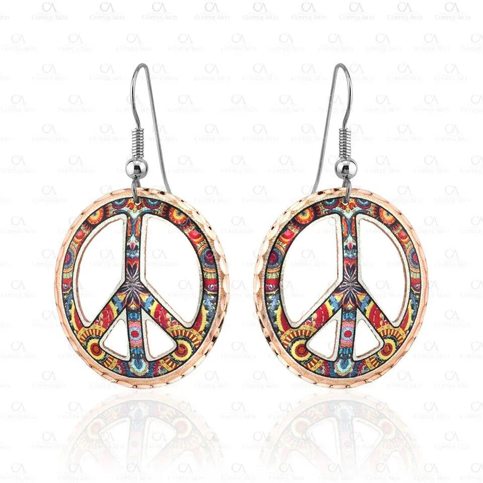 Handcrafted Diamond Cut Copper Colorful Peace Sign Wire Earrings, Gift Box - Silver Elegant