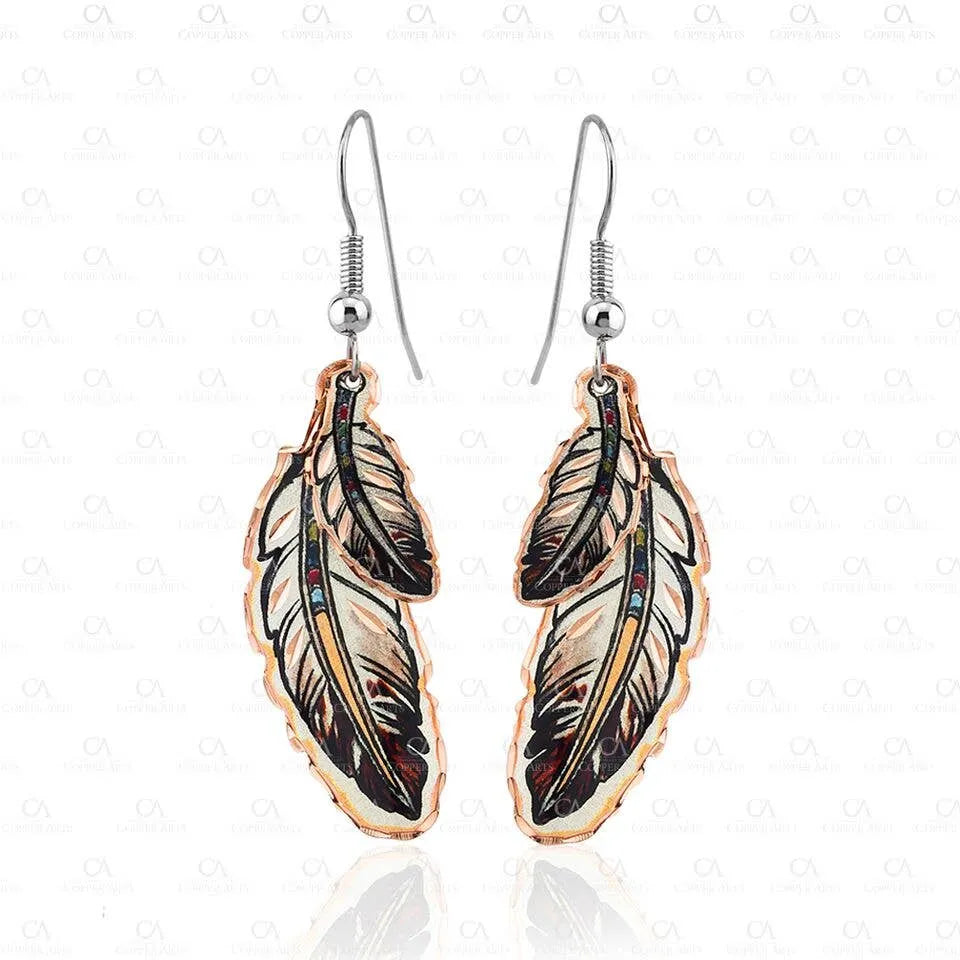 Handcrafted Boho Native American Earrings, Copper Eagle Feather Wire Drop Earrings, Gift Box - Silver Elegant