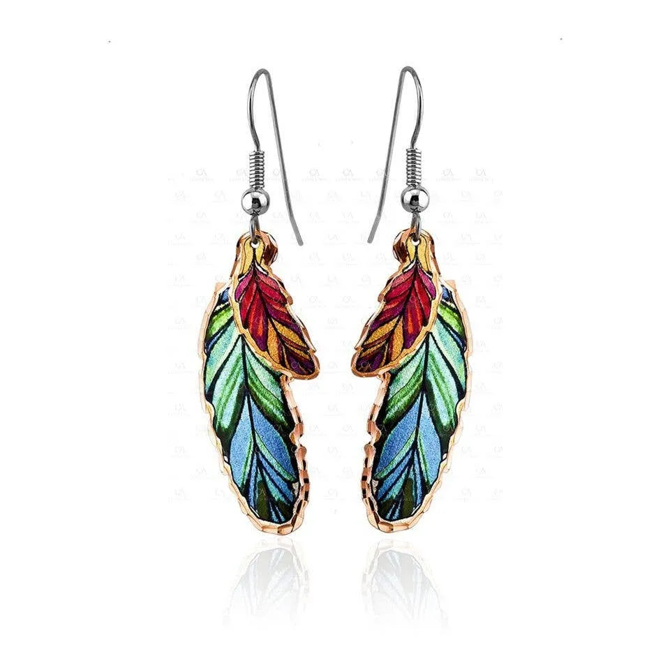 Handcrafted Boho Earrings, Copper Colorful Feather Native American Wire Drop Earrings, Gift Box - Silver Elegant