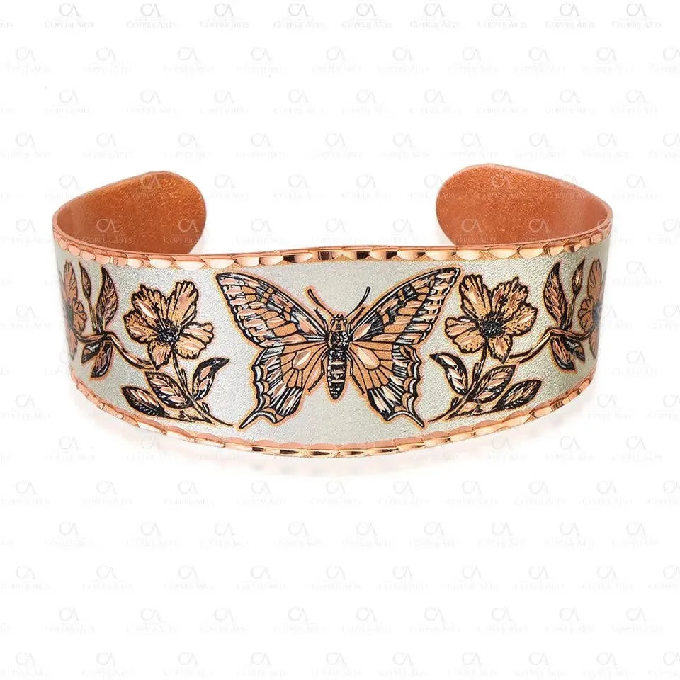 Handmade Boho Western Copper Butterfly Wide Cuff Bracelet, Gift box - Silver Elegant