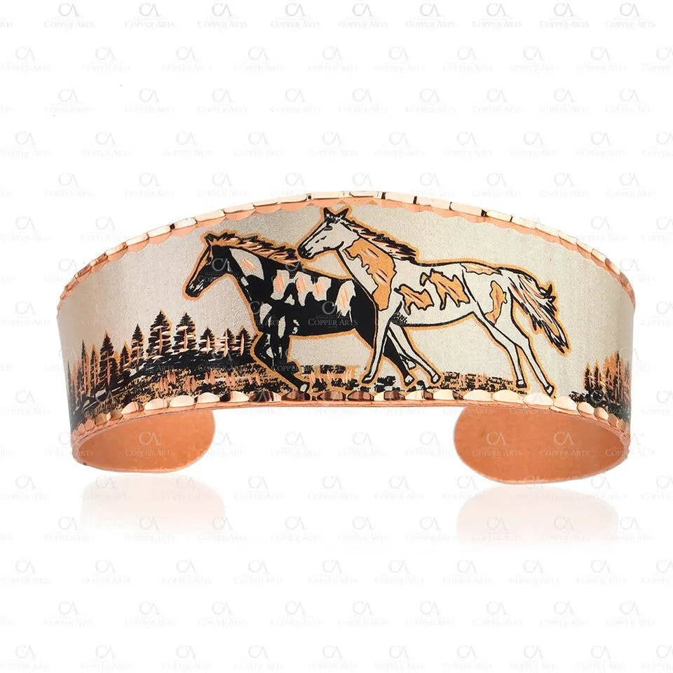 Handmade Boho Estuarian Bracelet, Wide Cuff Appaloosa Horses Bracelet, Gift Box - Silver Elegant