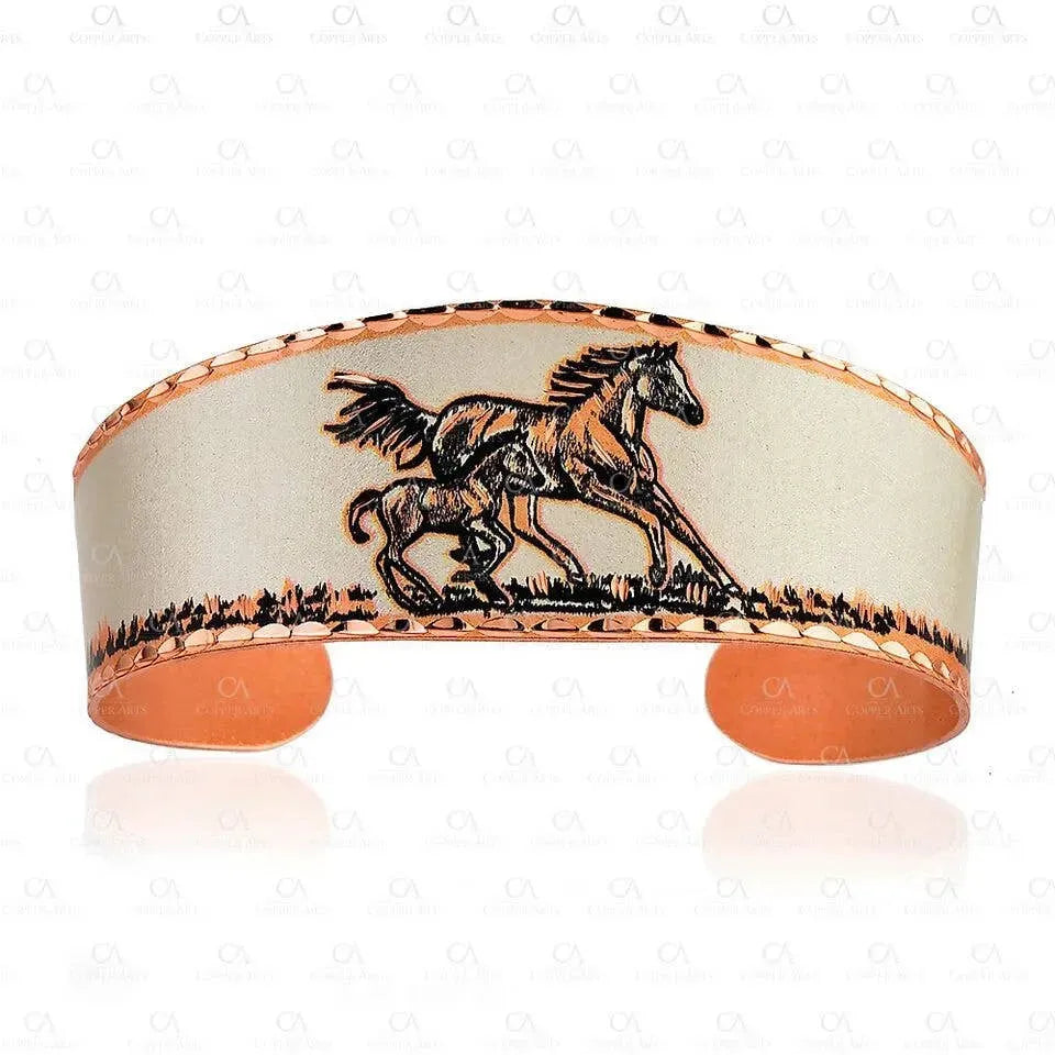 Handmade Boho Estuarian Cuff Bracelet, Horse and Pony Wide Cuff Bracelet, Gift Box - Silver Elegant
