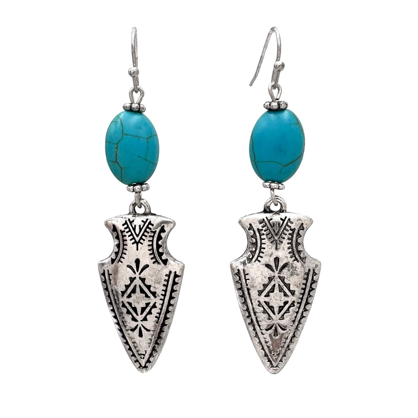 Turquoise-Embellished Native Arrowhead Dangle Earrings - Silver Elegant