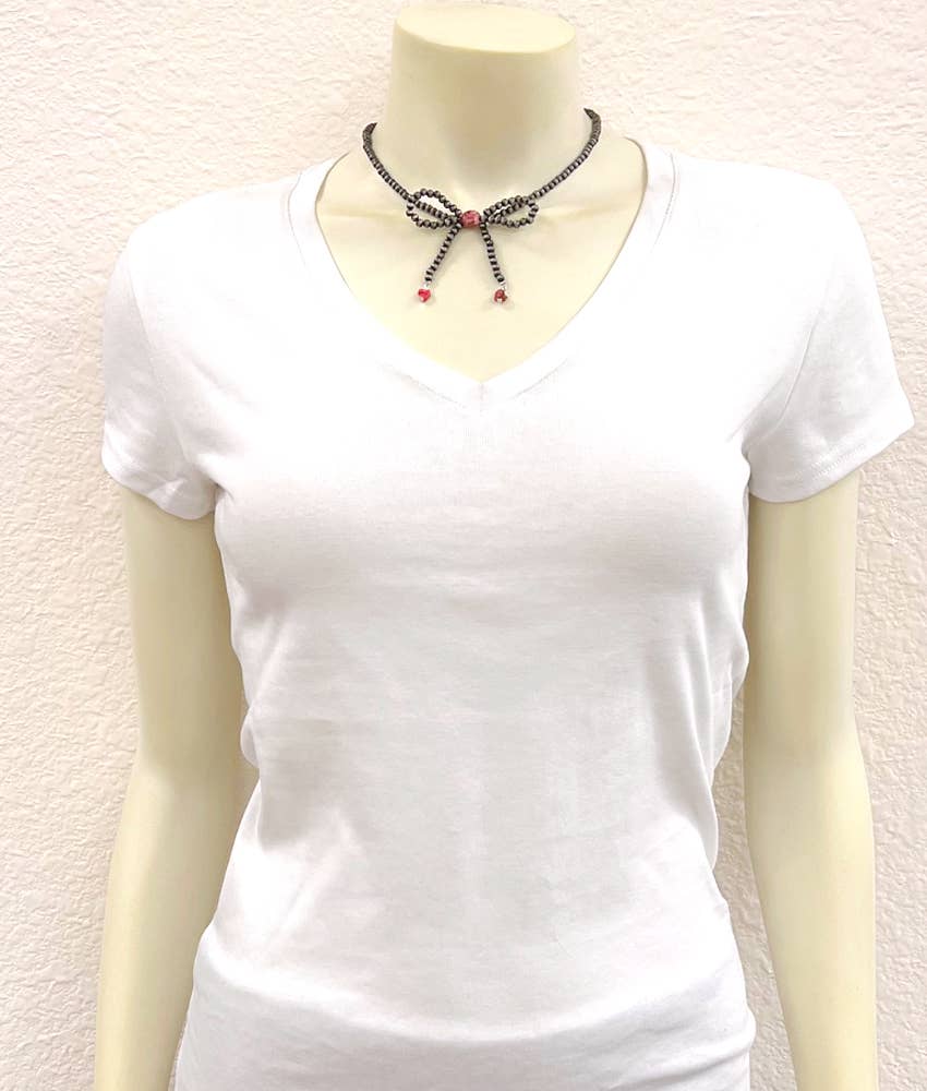 Handmade Ribbon Bow Necklace with Tiny Navajo Beads and Gemstones