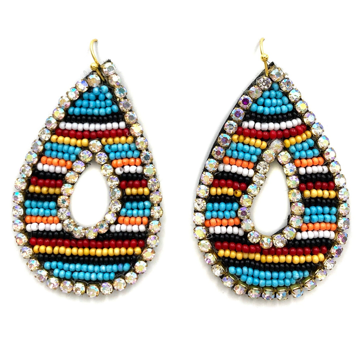 Southwestern Chic Teardrop Dangle Earrings with Rhinestones and Seed Beads - Silver Elegant