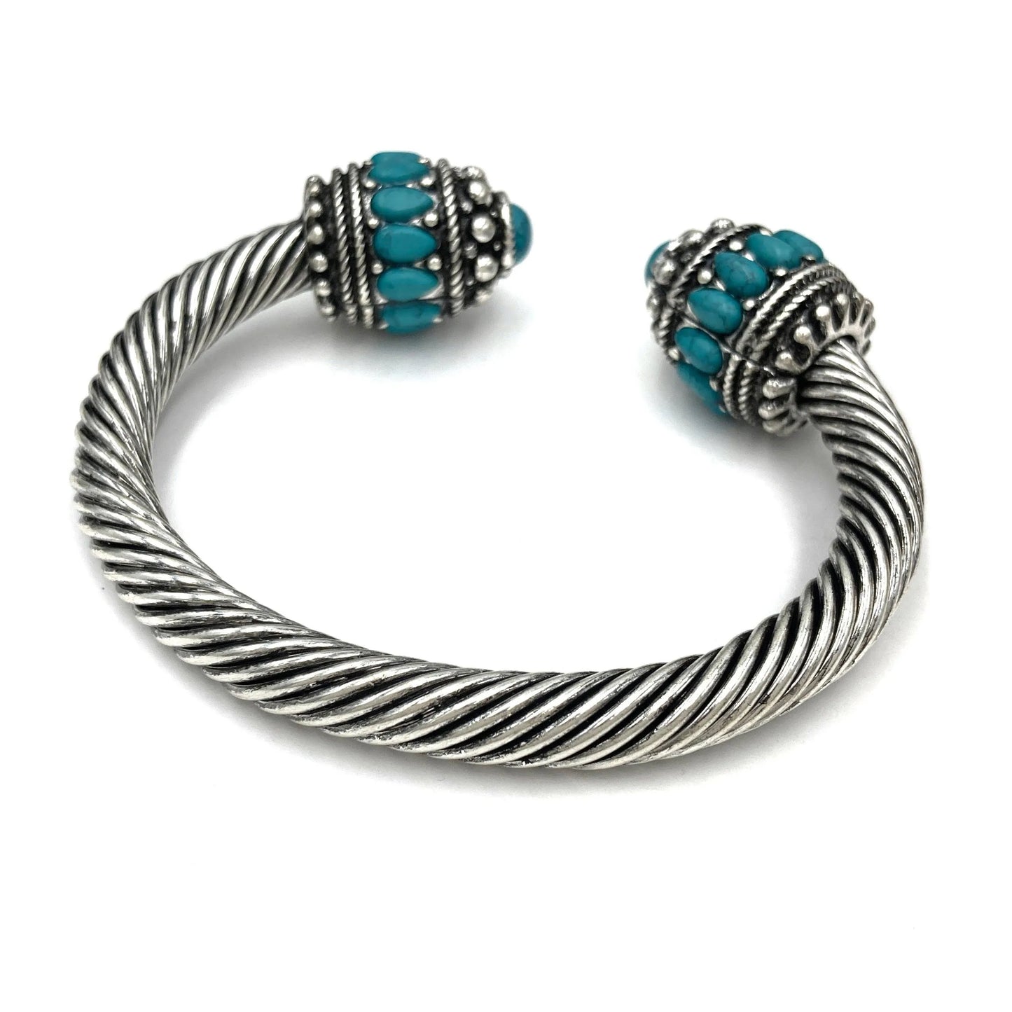Handcrafted Boho Turquoise Bangle, Western Twisted Roped Open Bangle, Gift Box - Silver Elegant