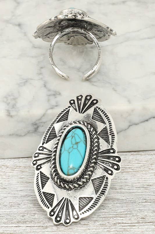 Turquoise Oasis: Adjustable Western Concho Cuff Ring in Oxidized Silver - Silver Elegant