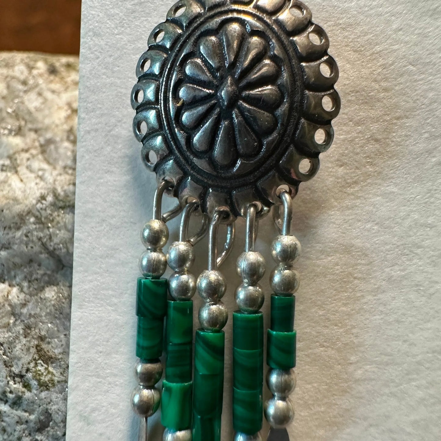 Bohemian Grace: Silver & Aventurine Dangle Earrings featuring polished green aventurine stones and sleek silver framework, perfect for any outfit.