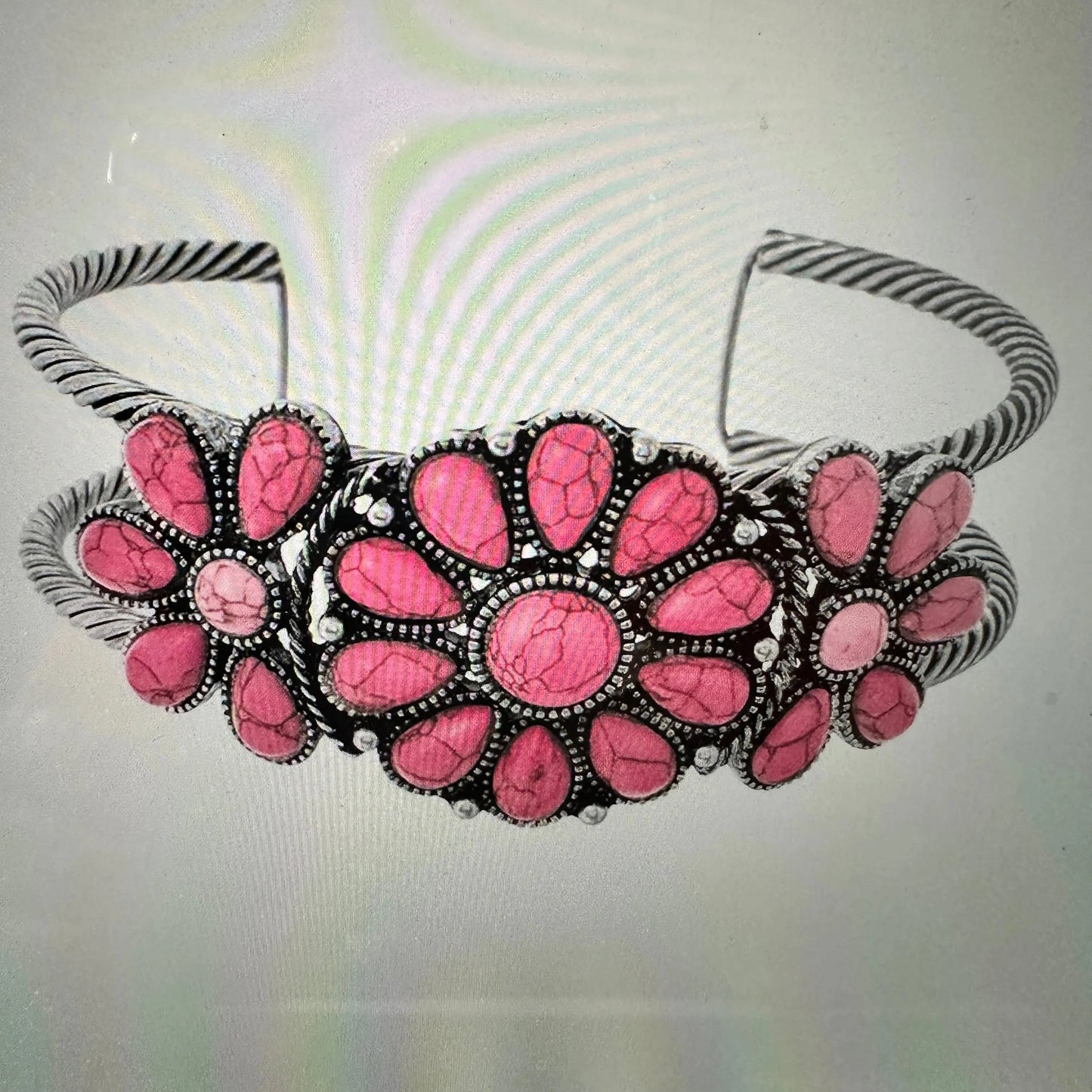 Handcrafted Boho Floral Western Pink Stone Cuff Bracelet, Gift Box - Silver Elegant