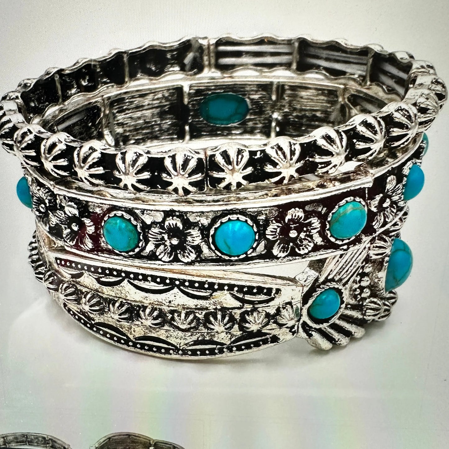 Handcrafted Boho Chic Turquoise Stone Western Chunky Stretch Bracelet, Gift Box - Silver Elegant