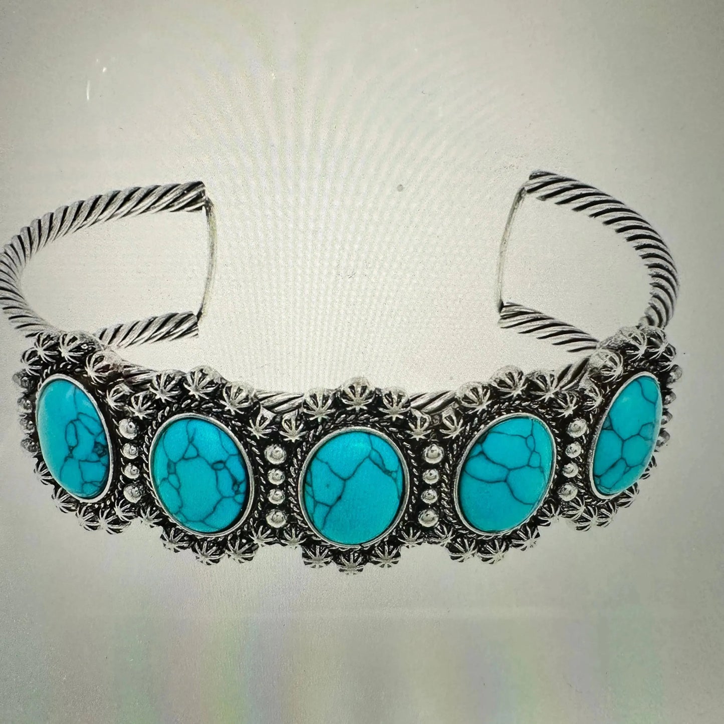 Handcrafted Boho Western 5 Oval Turquoise Stone Concho Cuff Bracelet, Gift Box - Silver Elegant
