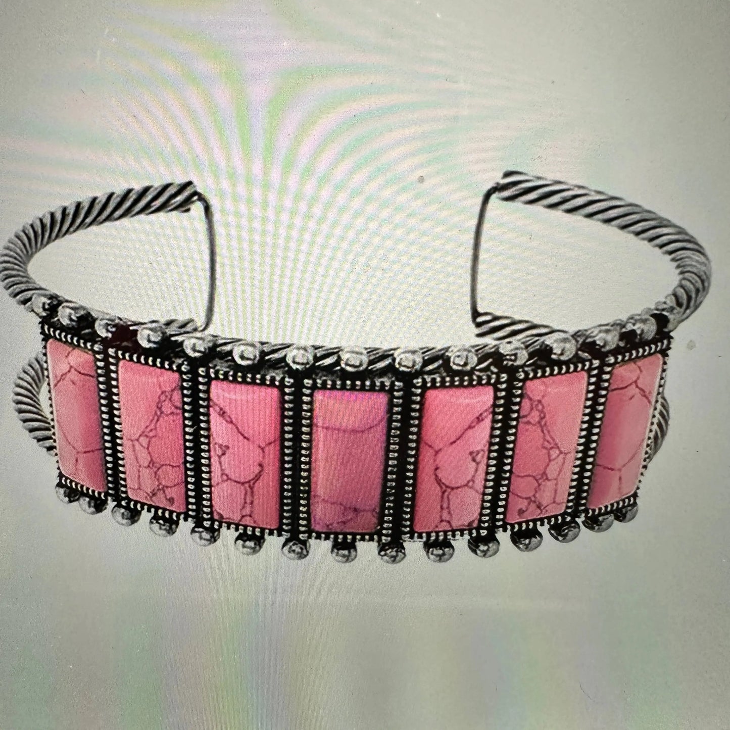 Handcrafted Boho Western Bracelet, Rectangle Semi Stone Concho Wide Cuff Pink Bracelet, Gift Box - Silver Elegant