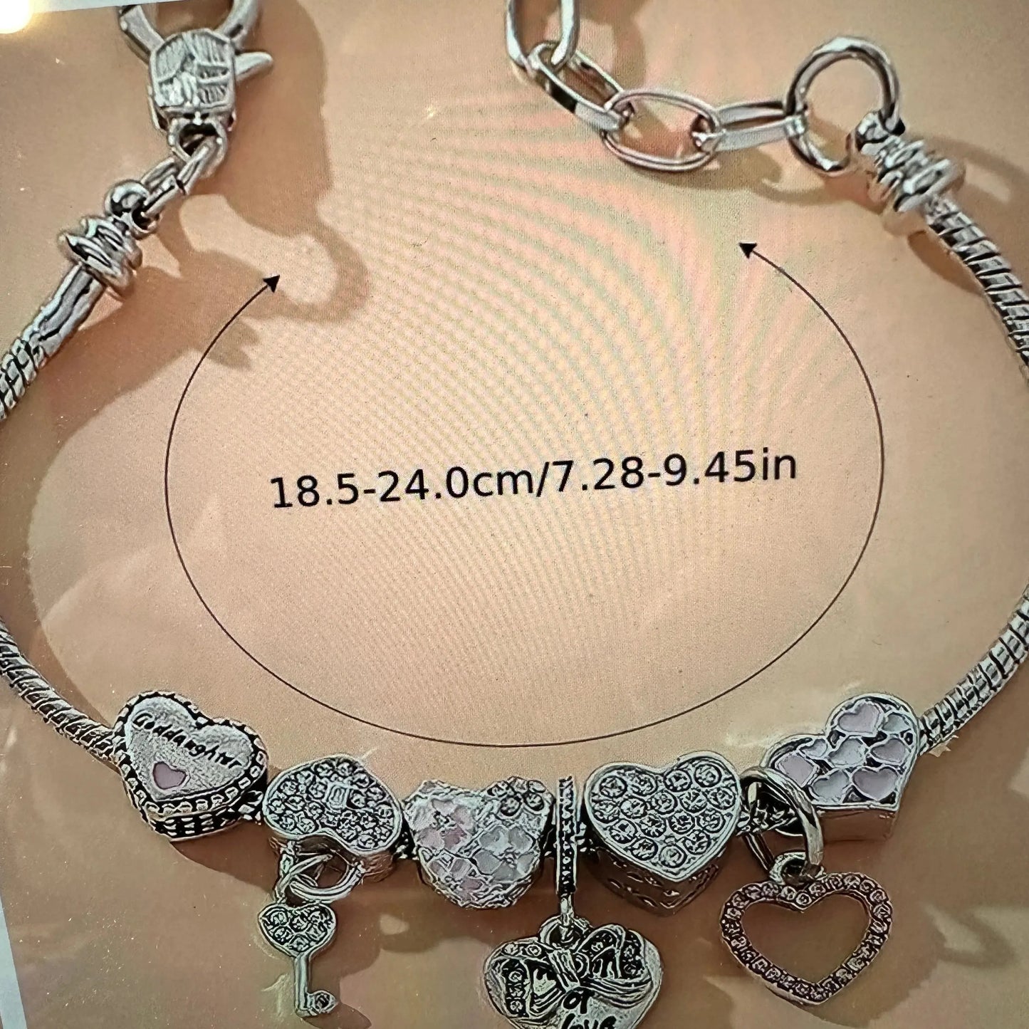 Elegant Heart Pendant Chain Bracelet/Heart Charms, Adjustable - Silver Elegant