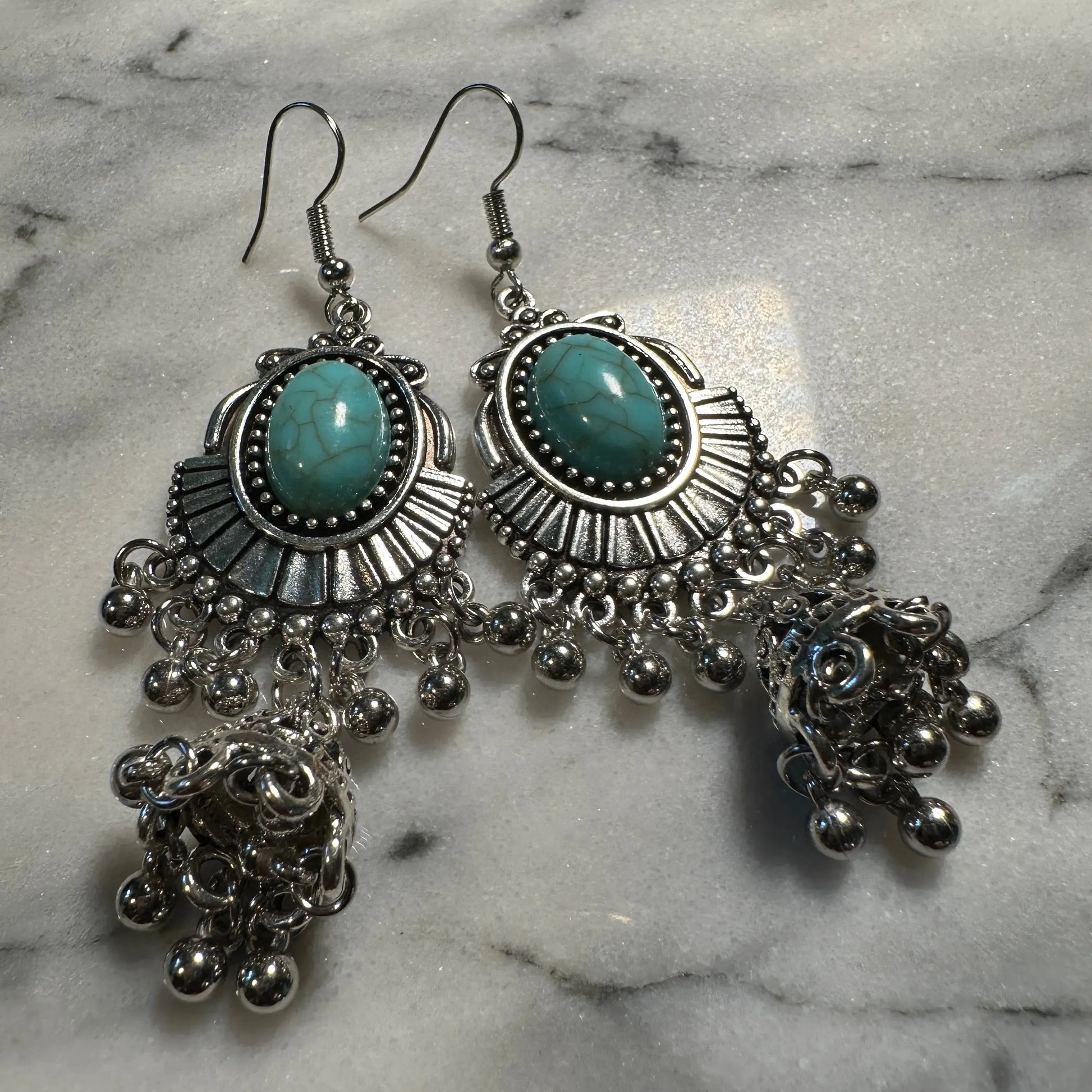 Cute Boho Handcrafted Silver Turquoise Drop Wire Earring, Gift Box - Silver Elegant