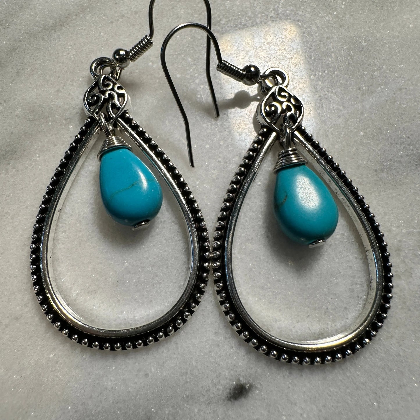 Boho Handcrafted Cowgirl Chic Turquoise Silver Wire Drop Earring, Gift Box - Silver Elegant
