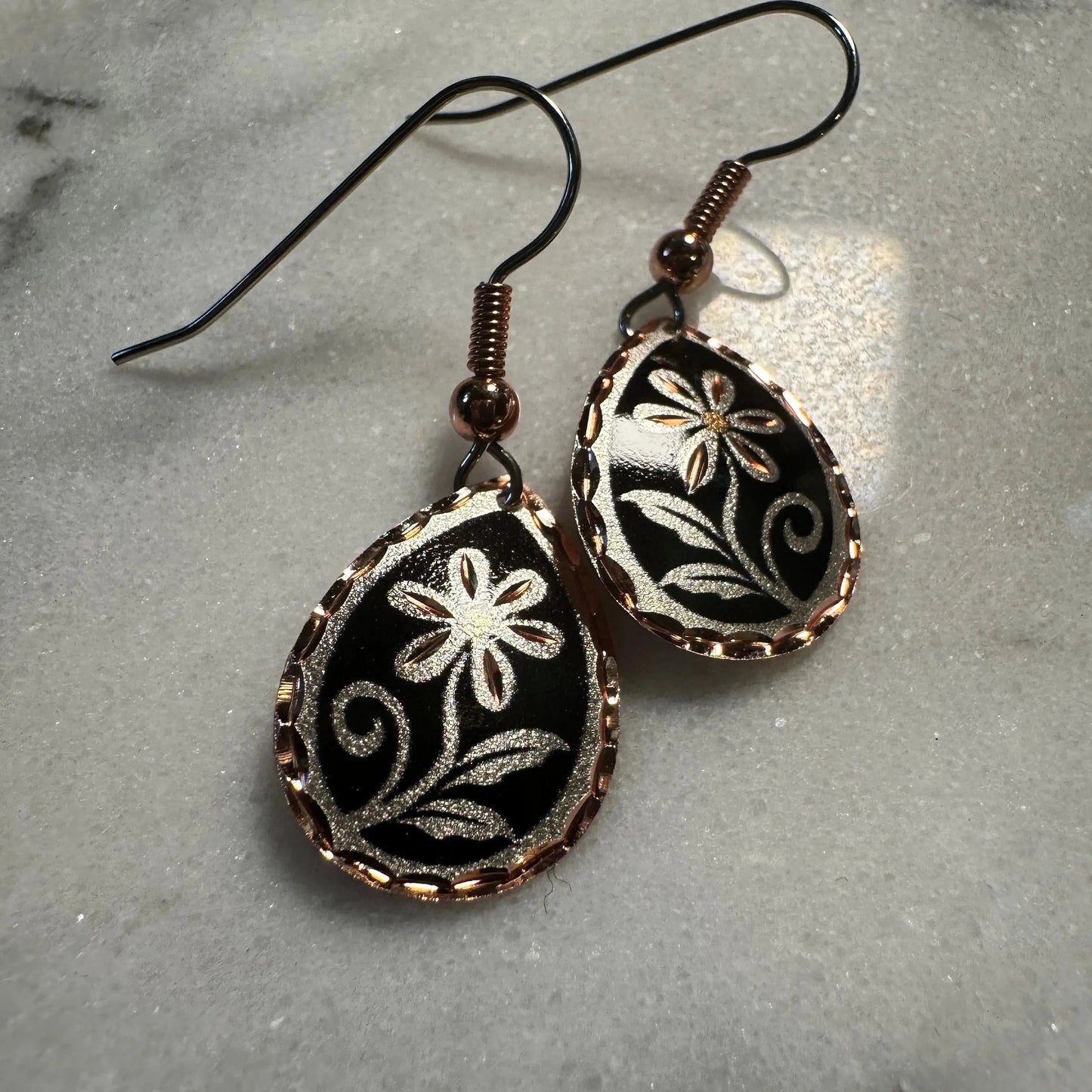 Handcrafted Boho Copper Earrings, Floral Wire Black Drop Earrings, Gift Box - Silver Elegant