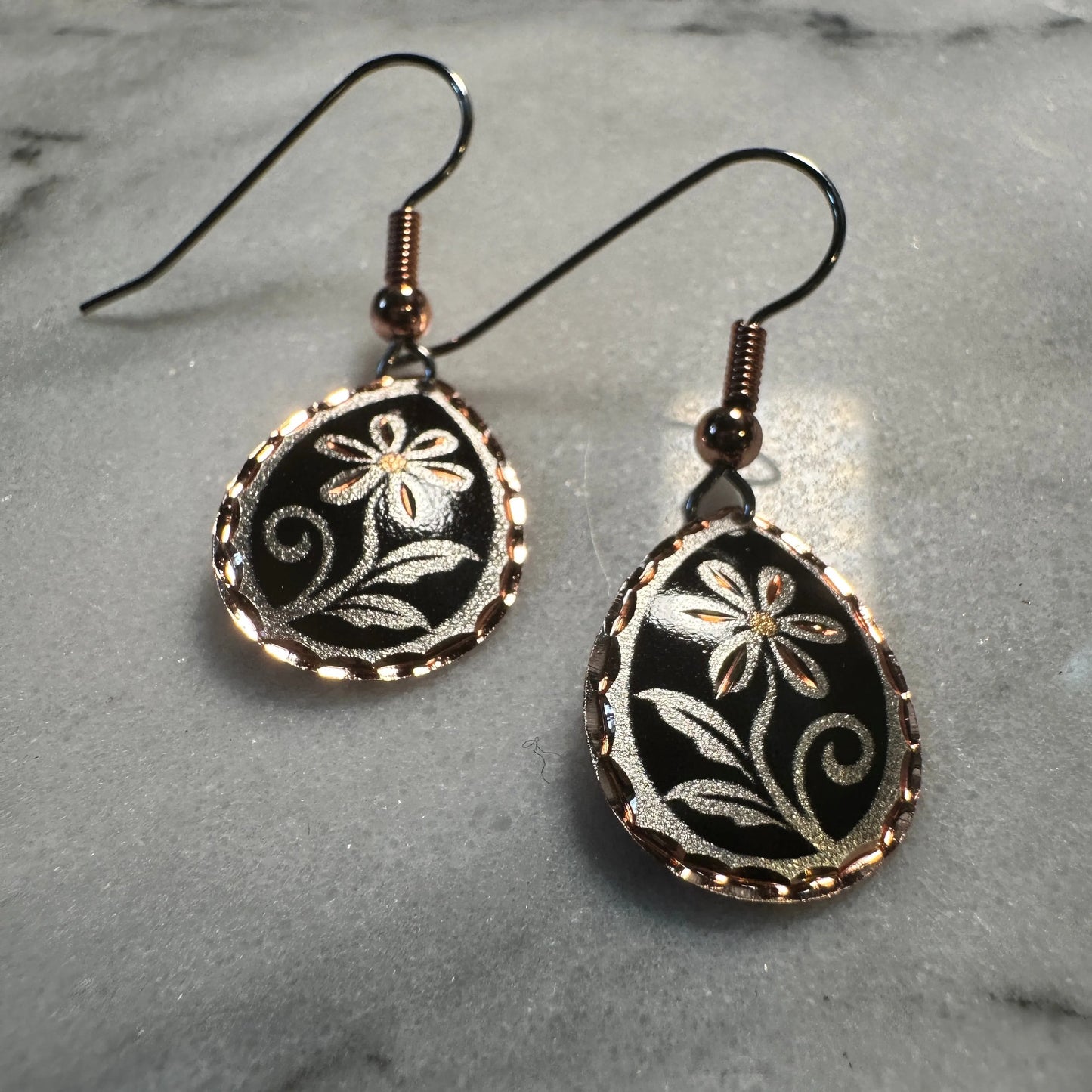 Handcrafted Boho Copper Earrings, Floral Wire Black Drop Earrings, Gift Box - Silver Elegant