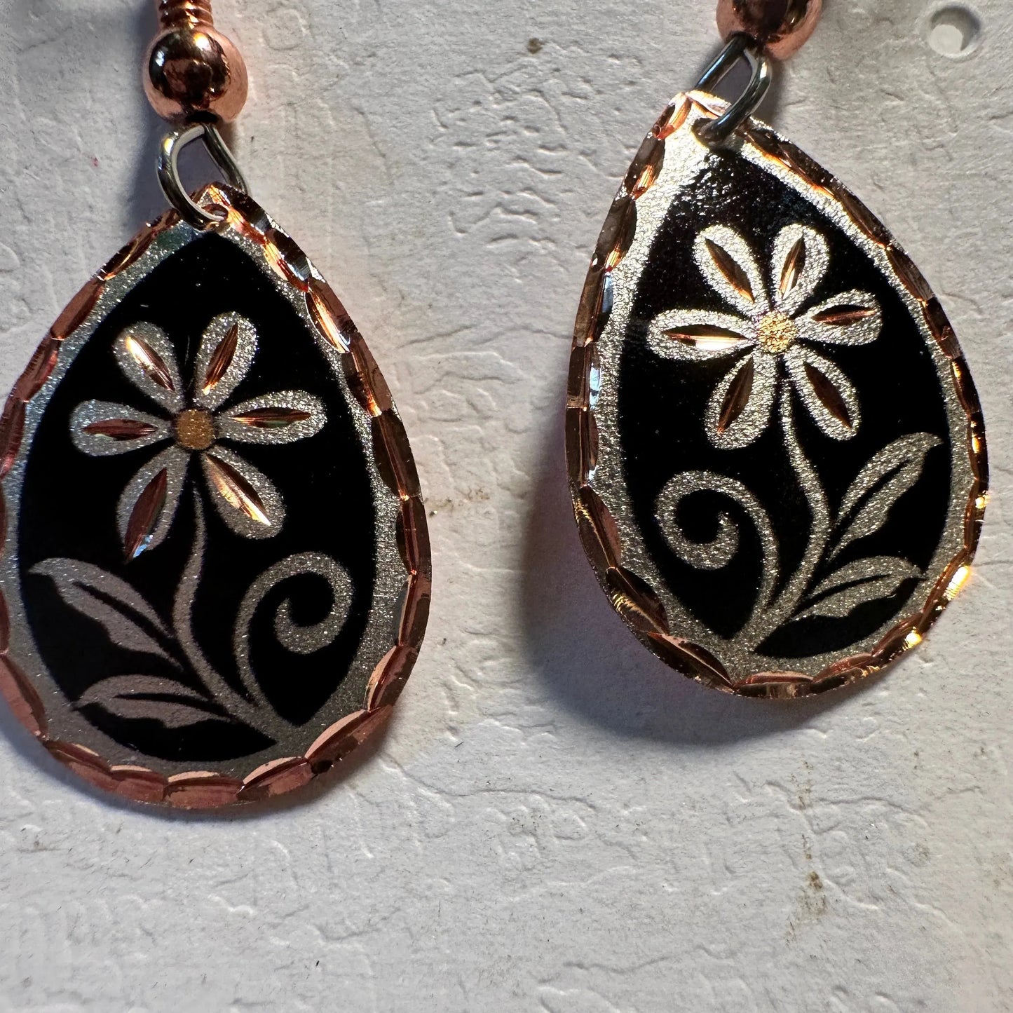 Handcrafted Boho Copper Earrings, Floral Wire Black Drop Earrings, Gift Box - Silver Elegant