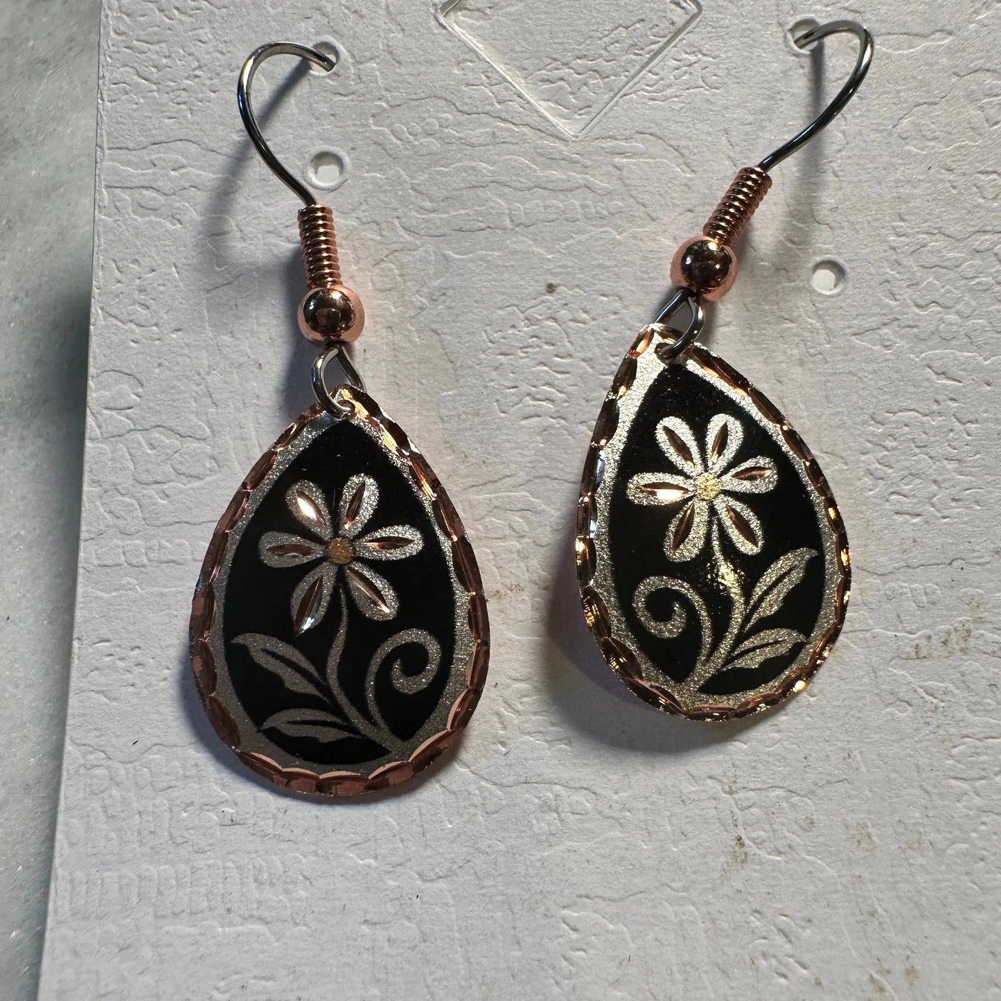 Handcrafted Boho Copper Earrings, Floral Wire Black Drop Earrings, Gift Box - Silver Elegant