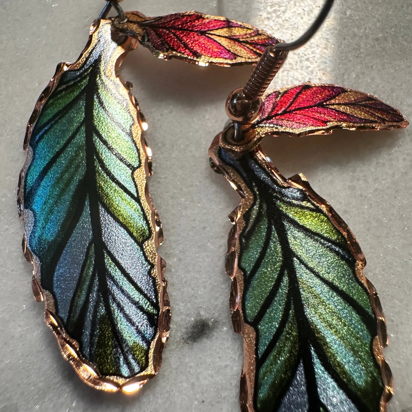 Handcrafted Boho Earrings, Copper Colorful Feather Native American Wire Drop Earrings, Gift Box - Silver Elegant