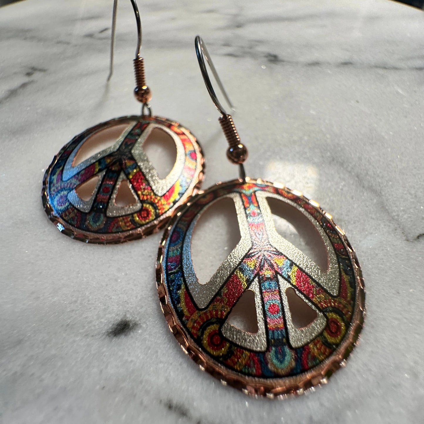 Handcrafted Diamond Cut Copper Colorful Peace Sign Wire Earrings, Gift Box - Silver Elegant