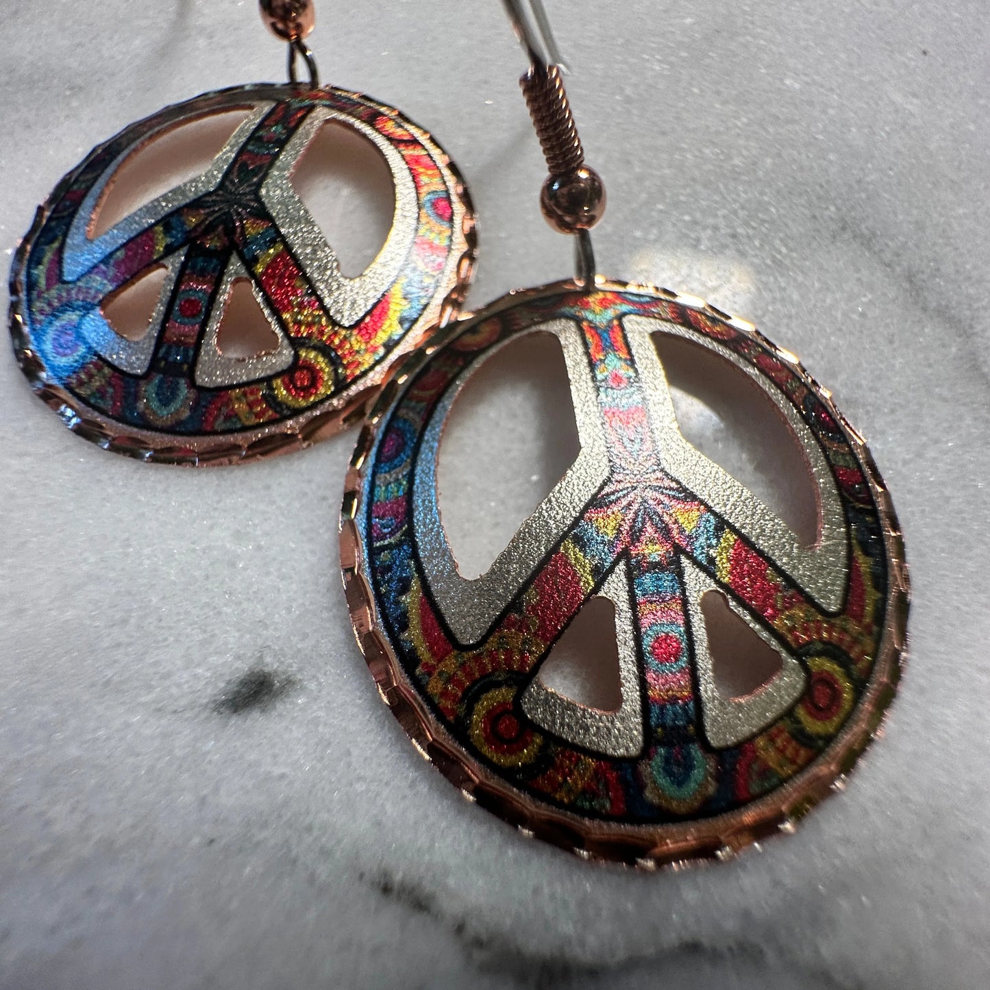 Handcrafted Diamond Cut Copper Colorful Peace Sign Wire Earrings, Gift Box - Silver Elegant