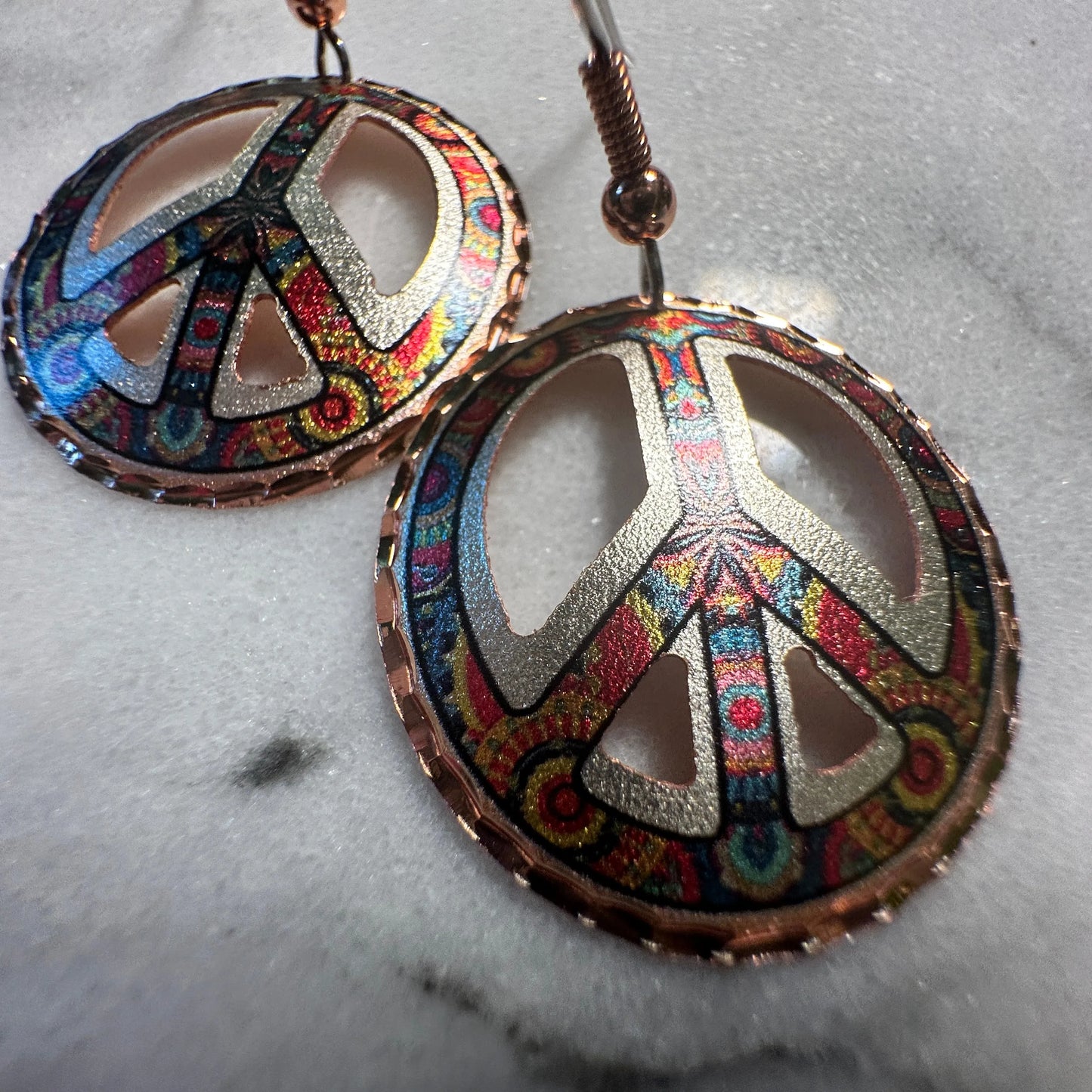 Handcrafted Diamond Cut Copper Colorful Peace Sign Wire Earrings, Gift Box - Silver Elegant