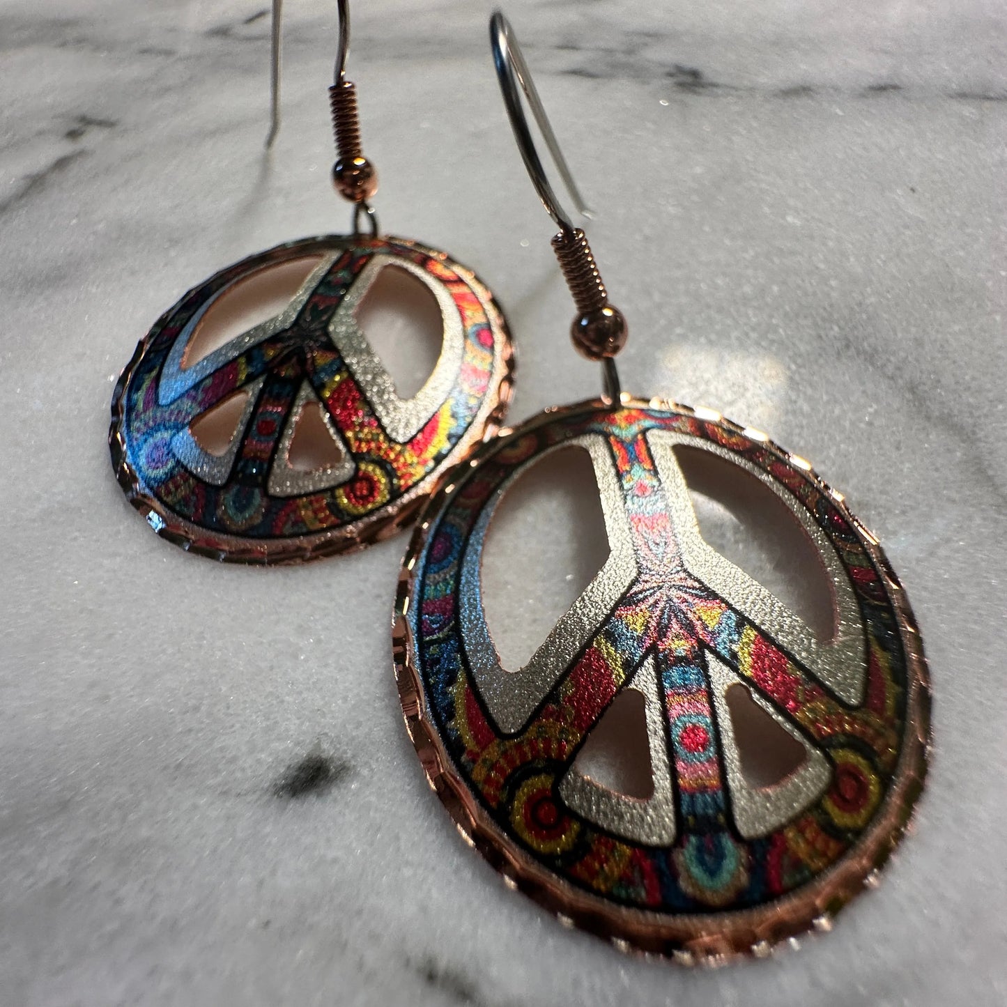 Handcrafted Diamond Cut Copper Colorful Peace Sign Wire Earrings, Gift Box - Silver Elegant
