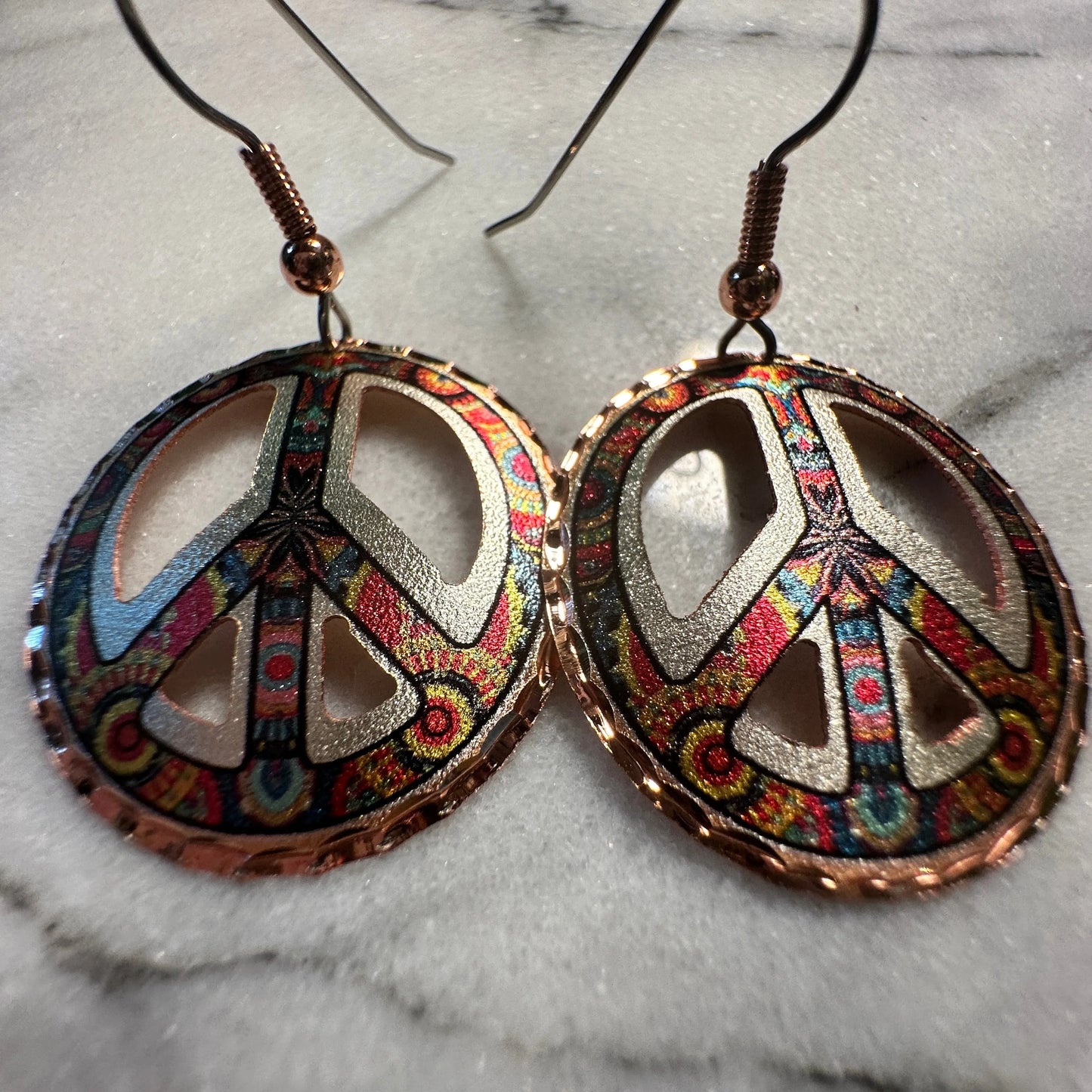 Handcrafted Diamond Cut Copper Colorful Peace Sign Wire Earrings, Gift Box - Silver Elegant