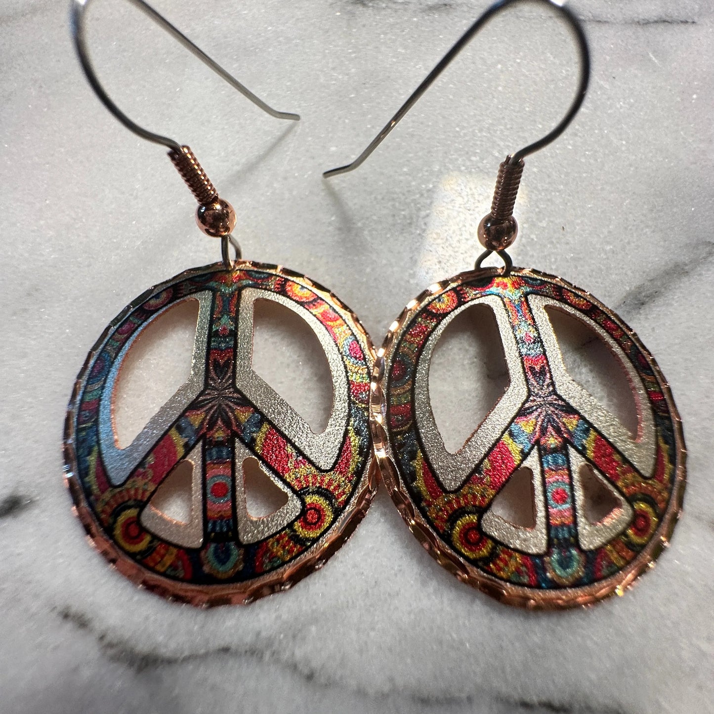 Handcrafted Diamond Cut Copper Colorful Peace Sign Wire Earrings, Gift Box - Silver Elegant