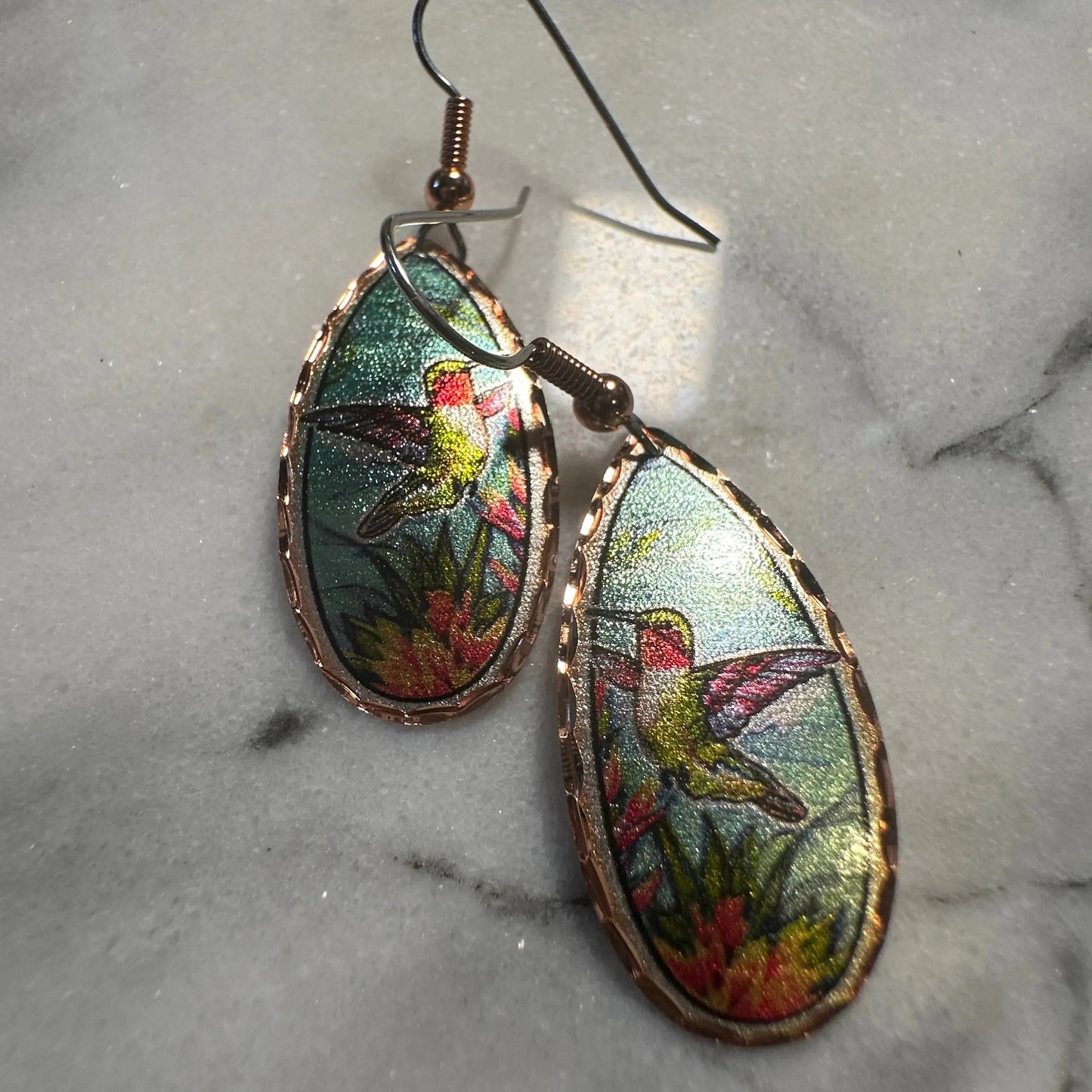 Handcrafted Boho Hummingbird Earrings, Diamond Cut Wire Drop Copper Earrings, Gift Box - Silver Elegant