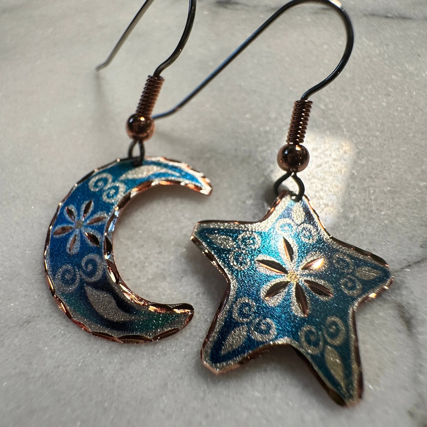 Handcrafted Blue Moon & Star Earrings, Wire Drop Copper Diamond Cut Earrings, Gift Box - Silver Elegant