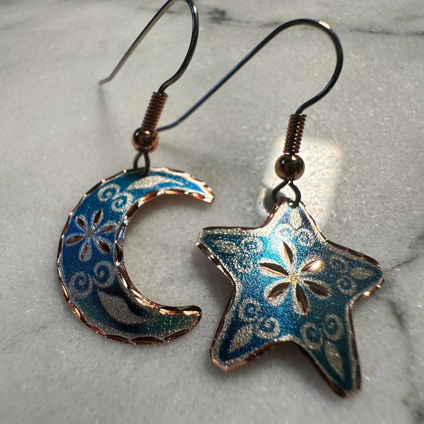 Handcrafted Blue Moon & Star Earrings, Wire Drop Copper Diamond Cut Earrings, Gift Box - Silver Elegant