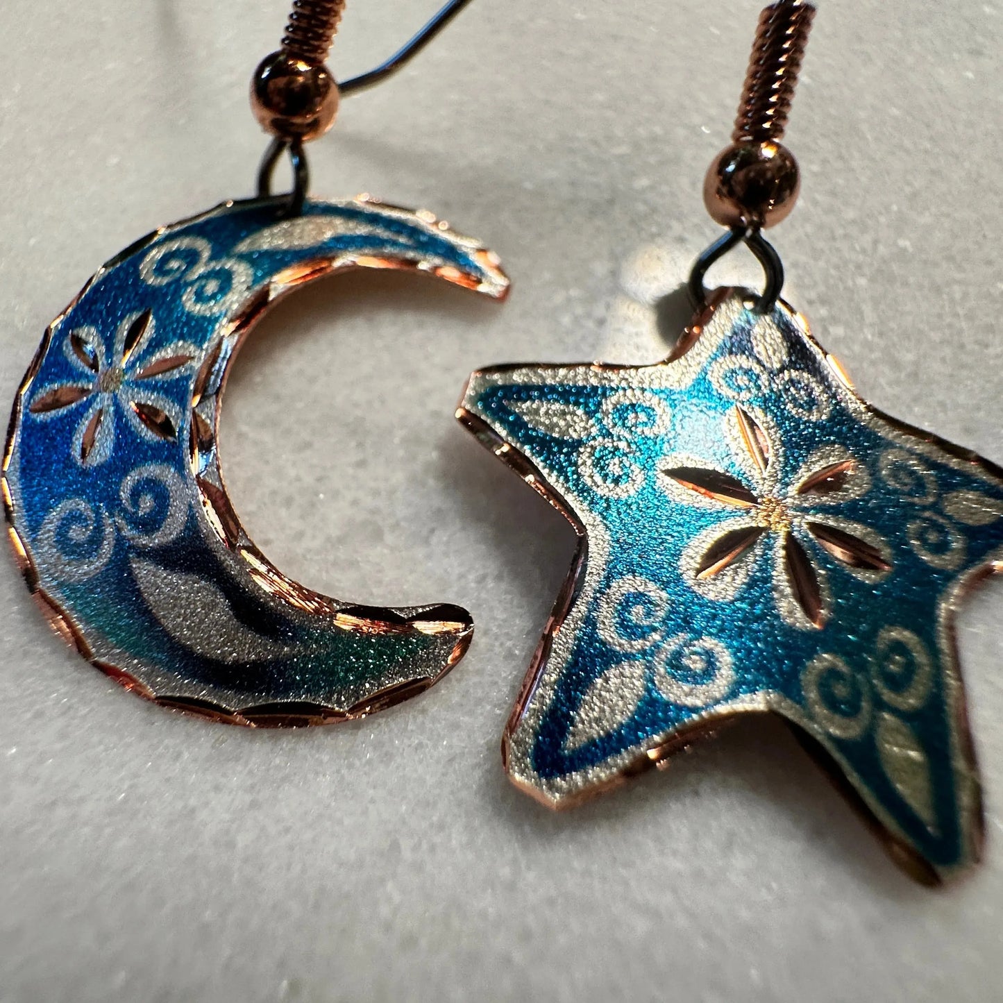 Handcrafted Blue Moon & Star Earrings, Wire Drop Copper Diamond Cut Earrings, Gift Box - Silver Elegant