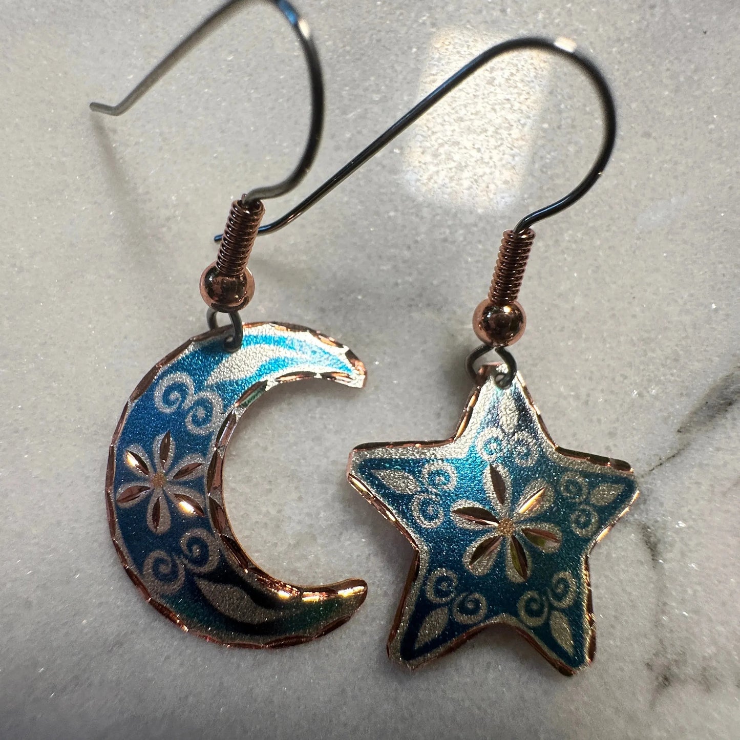 Handcrafted Blue Moon & Star Earrings, Wire Drop Copper Diamond Cut Earrings, Gift Box - Silver Elegant