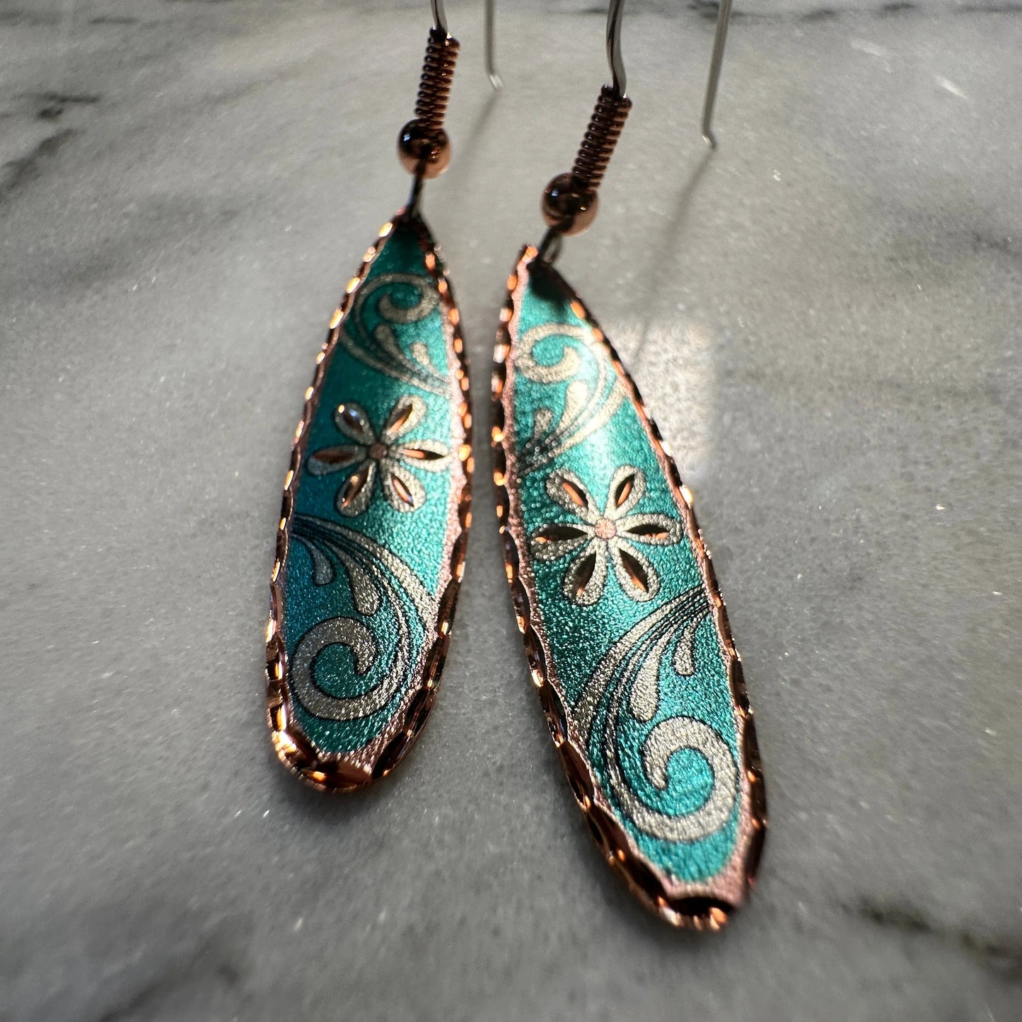 Handcrafted Boho Floral Earrings, Copper Teardrop Turquoise Flower Wire Drop Earrings, Gift Box - Silver Elegant