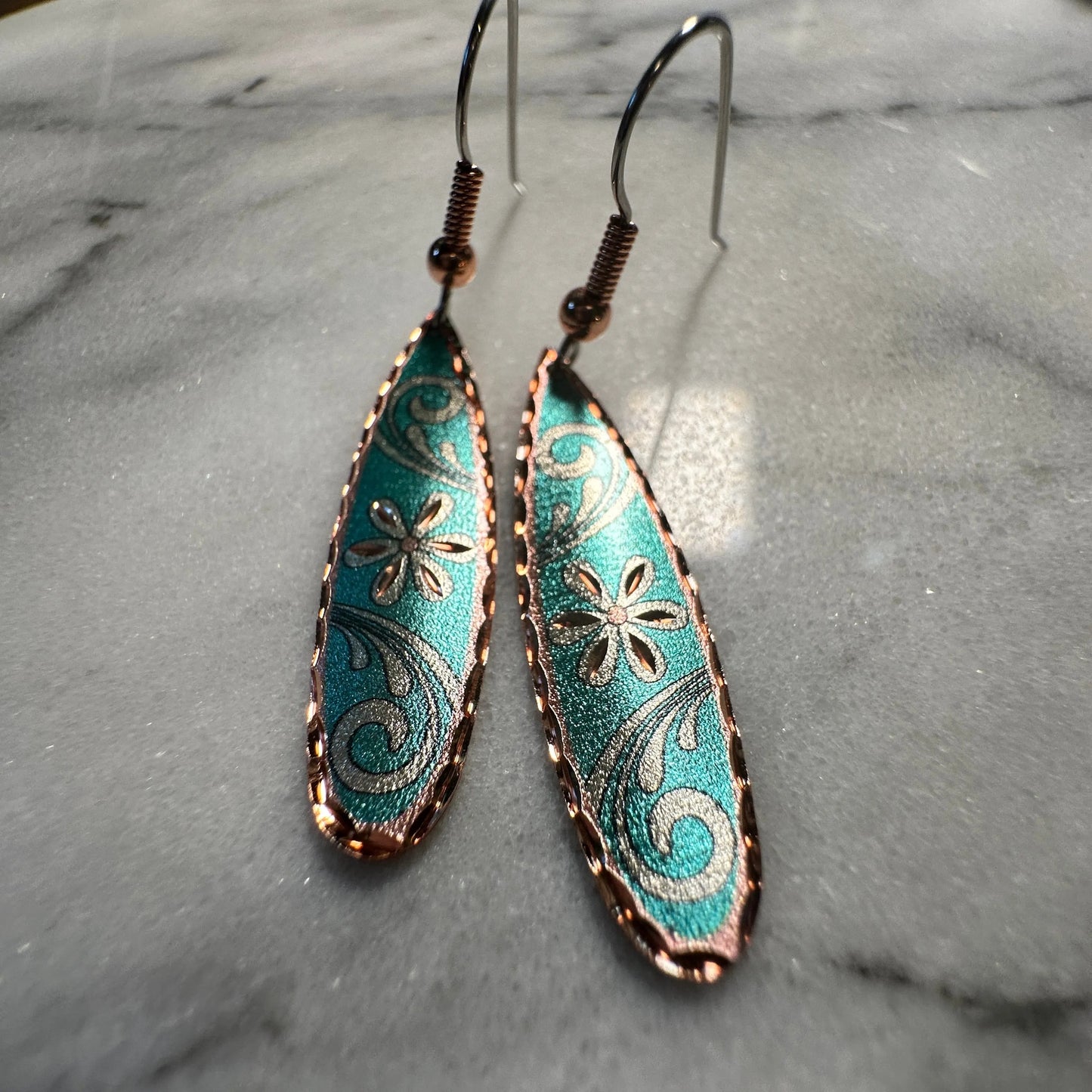 Handcrafted Boho Floral Earrings, Copper Teardrop Turquoise Flower Wire Drop Earrings, Gift Box - Silver Elegant