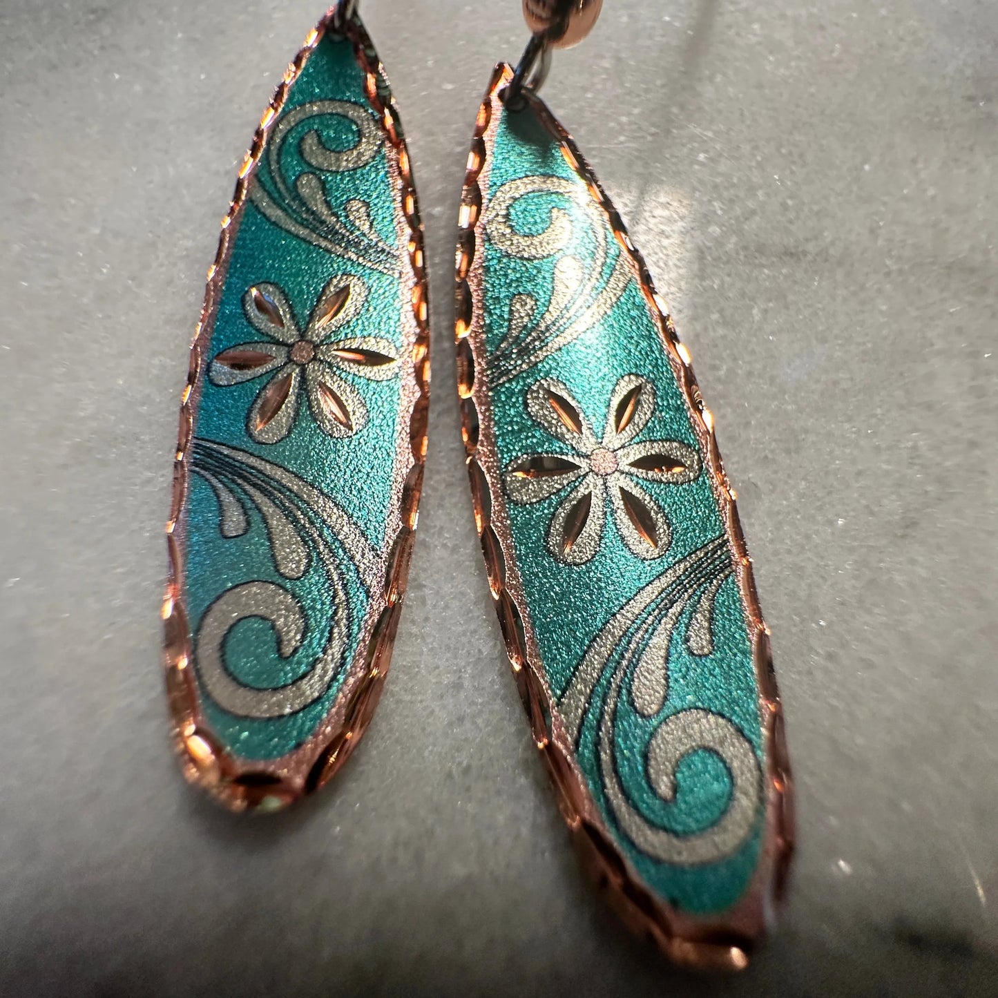 Handcrafted Boho Floral Earrings, Copper Teardrop Turquoise Flower Wire Drop Earrings, Gift Box - Silver Elegant