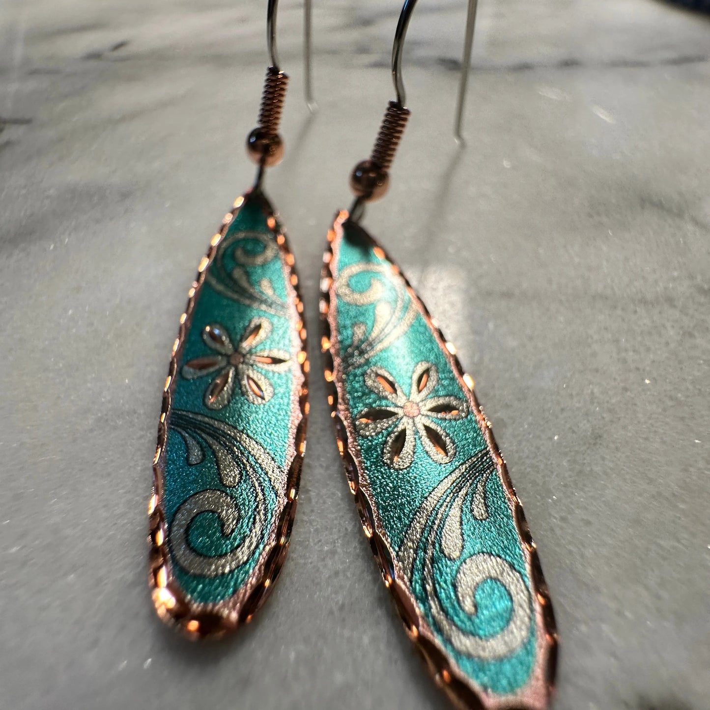 Handcrafted Boho Floral Earrings, Copper Teardrop Turquoise Flower Wire Drop Earrings, Gift Box - Silver Elegant