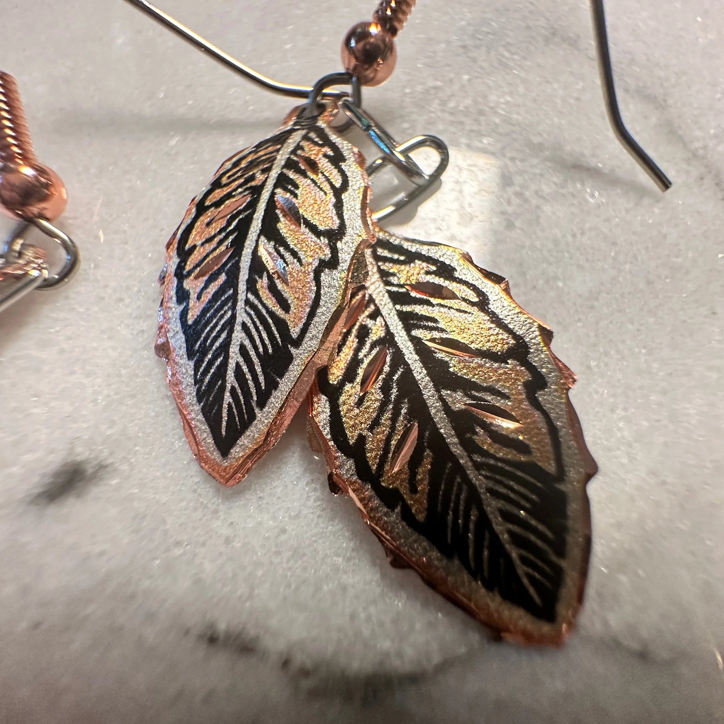 Handcrafted Boho Native American Earrings, Copper Eagle Feather Wire Drop Earrings, Gift Box - Silver Elegant