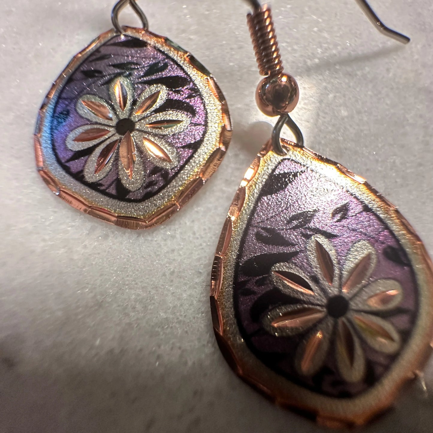 Handcrafted Boho Purple Floral Earrings, Diamond Cut Wire Drop Earrings, Gift Box - Silver Elegant