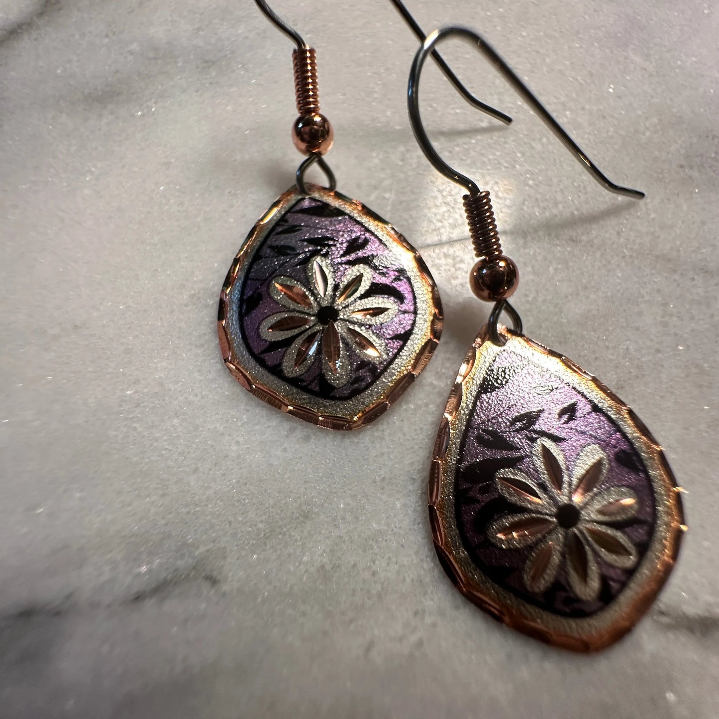 Handcrafted Boho Purple Floral Earrings, Diamond Cut Wire Drop Earrings, Gift Box - Silver Elegant
